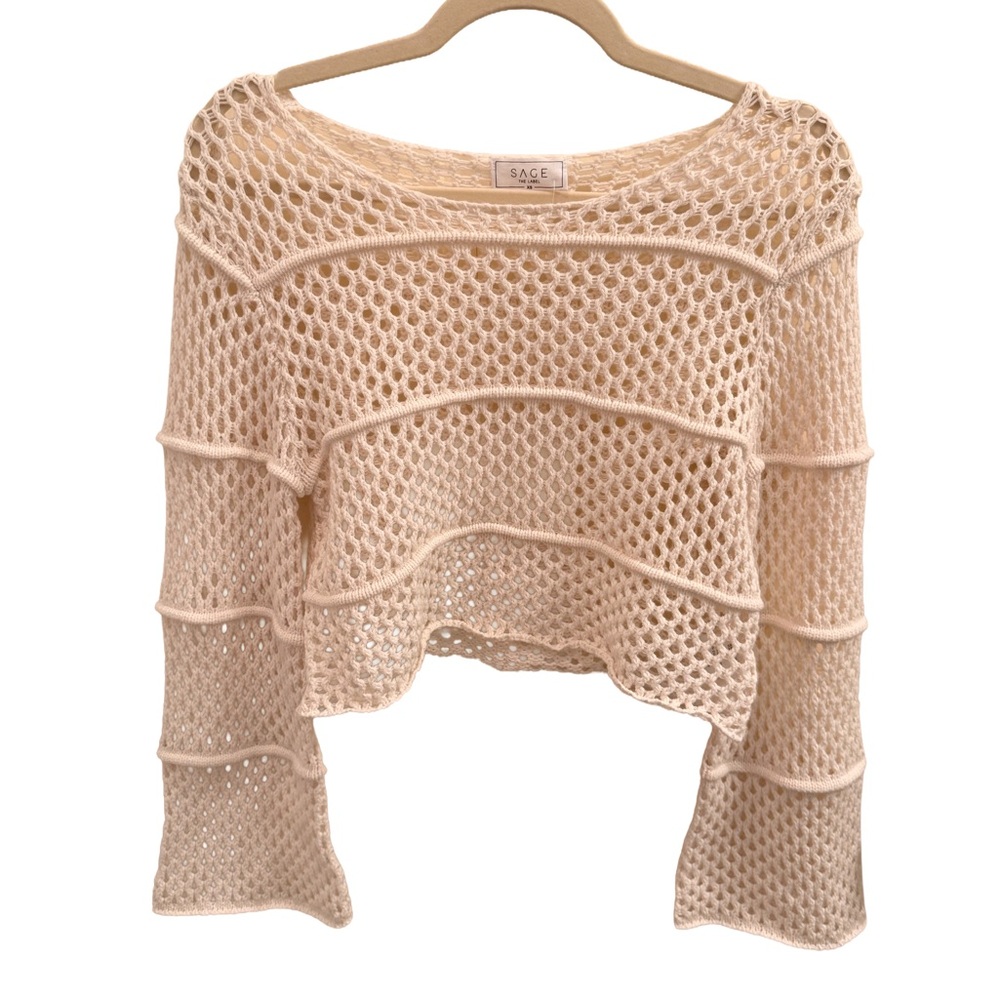 Sage Beige Open-Knit Cropped Sweater